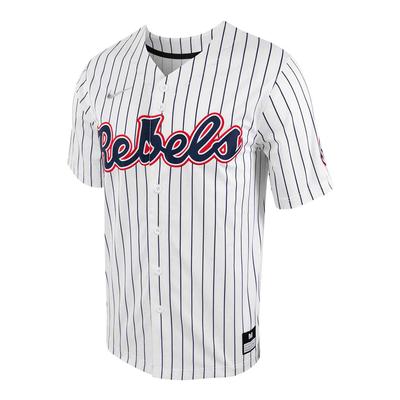 OLE MISS FULL BUTTON PINSTRIPE BASEBALL REPLICA JERSEY WHITE