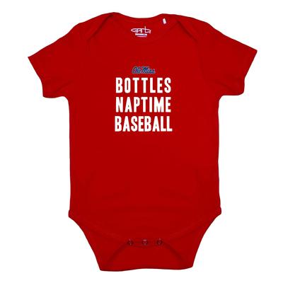 OLE MISS BOTTLES NAPTIME BASEBALL OTIS SS SNAP ONESIE RED