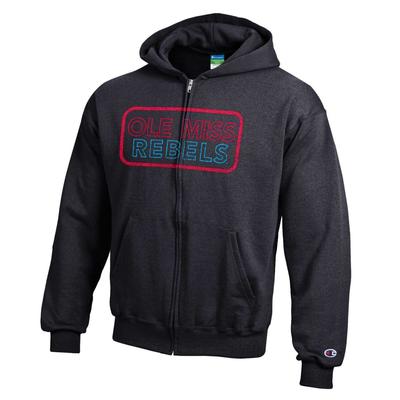 OLE MISS REBELS ROUNDED BOX POWERBLEND FULL ZIP HOOD BLACK