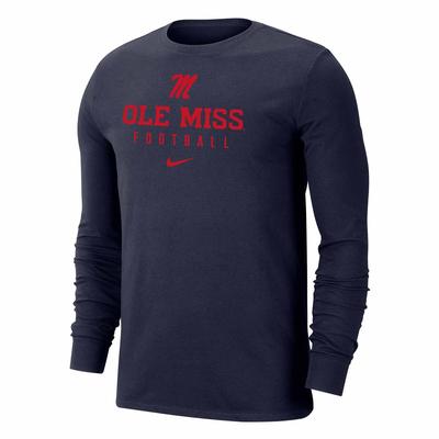 OLE MISS FOOTBALL NIKE DRIFIT COTTON TEAM ISSUE LS TEE NAVY