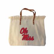 OLE MISS EMBROIDERED COTTON TOTE WITH LEATHER STRAPS