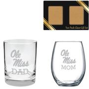 2 PACK GOLD BOX GIFT SET OLE MISS MOM WINE GLASS DAD ROCK GLASS